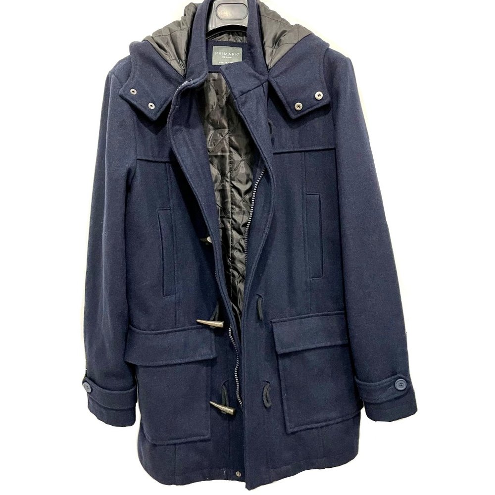 PRIMARK Men’s Long Duffle Coat- Wool Blend Hooded